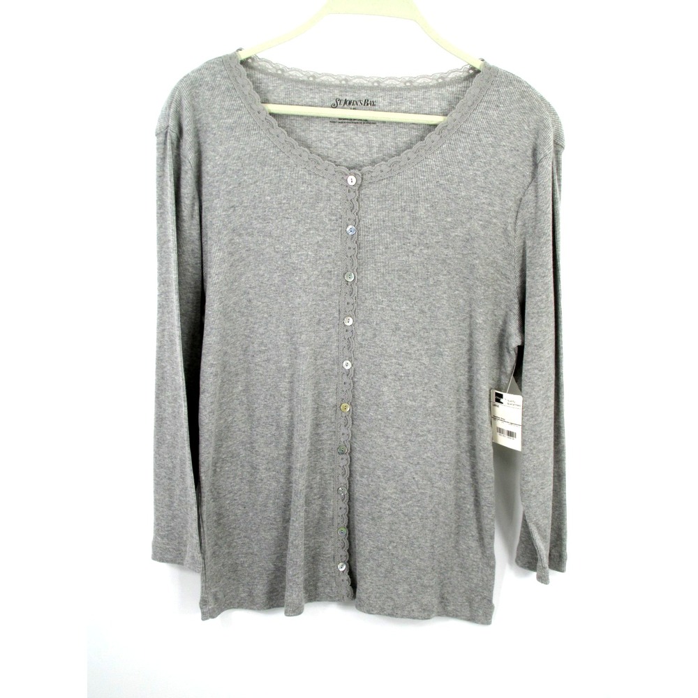 St Johns Bay Cardigan Thermal Sweater Womens L Gray Lace Trim Y2K 90s VTG NWT